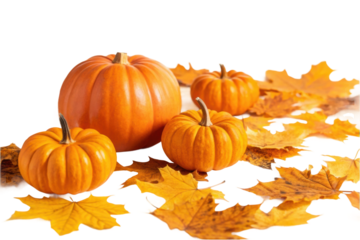PNG Autumn scene with pumpkins and maple leaves on white background