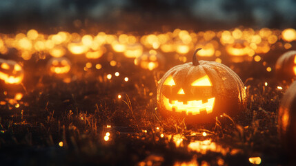 Lit Halloween pumpkins glow eerily in dark, creating spooky, festive scene