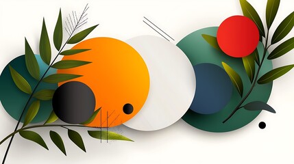 brightly colored circles with leaves on a white background with a red dot