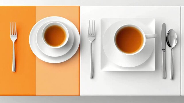 Minimalist table setting with bright orange and white colors featuring elegant dishware and silverware