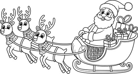 Santa claus in his sleigh with three reindeer and gifts