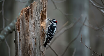 Downy Woodpecker at work excavating a tree