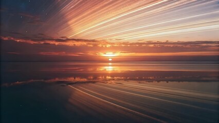 Spectacular Sunset over Calm Waters Vibrant Sky with Streaking Light Rays