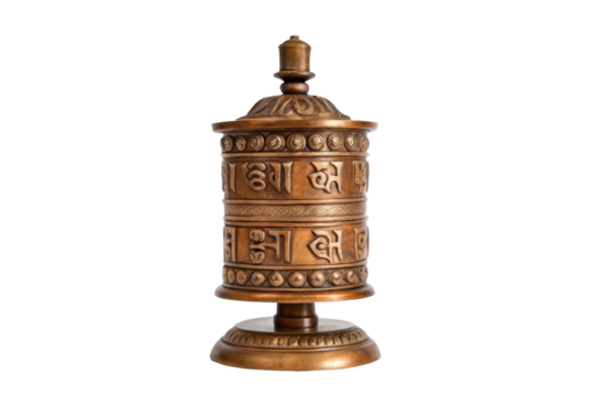 PNG Golden tibetan prayer wheel with intricate symbol engravings