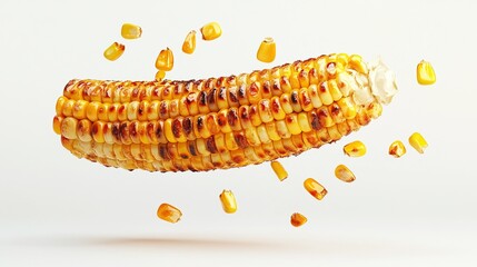 Roasted corn cob with kernels in mid-air, against a white background