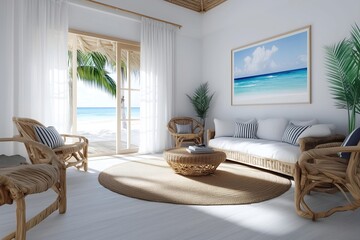 coastal style living room interior with beach-themed decor 