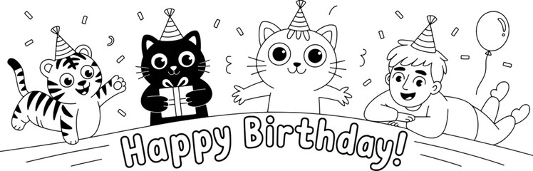 Happy birthday cute animals and boy celebration banner