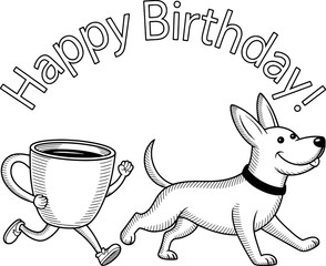 Happy birthday coffee cup and dog running illustration