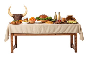 Fototapeta premium PNG Rustic feast table with bread, fruits, pastries, and beverages