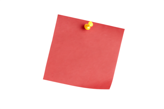 Red sticky post it note with yellow pushpin isolated on transparent background
