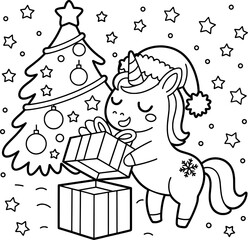 Cute unicorn opening christmas gift by christmas tree