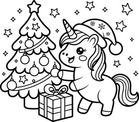 Cute unicorn decorating christmas tree with gift