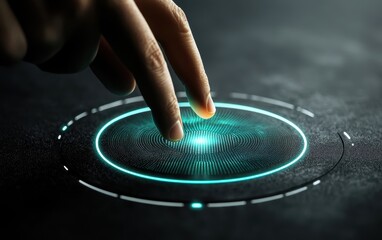 A fingertip hovers above a glowing, circular, interactive touchscreen interface on a dark surface