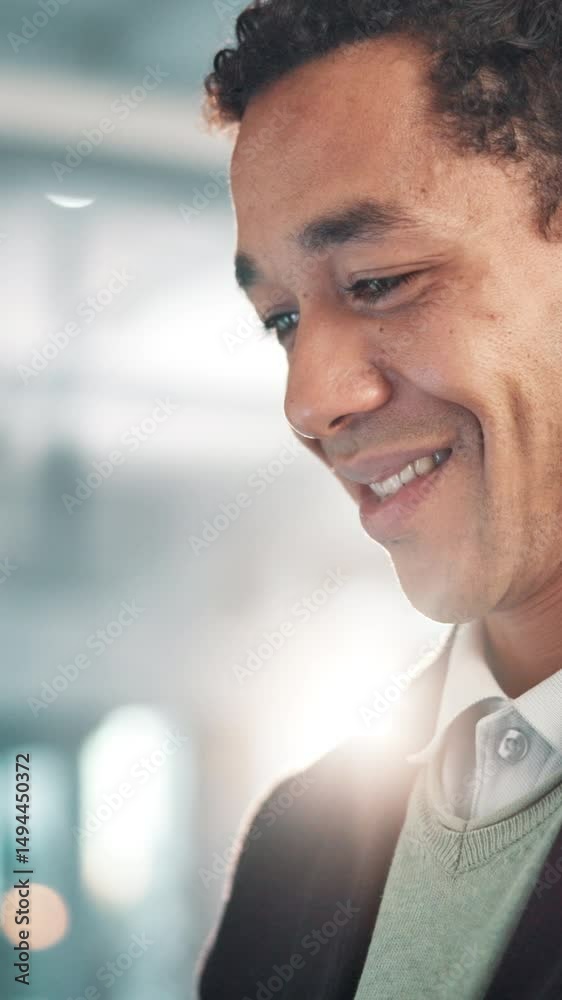 Aufkleber reading, online and smile with business man in office for financial advisor, stock broker and market