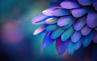 Close-up of iridescent blue and purple feathers arranged in an overlapping pattern against a blurred teal backdrop