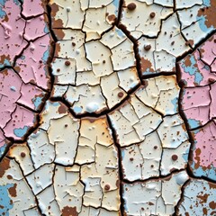 Close-up of cracked paint on dried wooden surface in pastel colors showing fine detailed texture and weathered aged appearance with colorful peeling layers