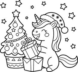 Cute christmas unicorn opening a gift by the tree
