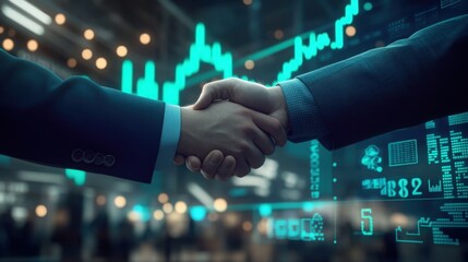 Solidifying a strategic partnership two executives shake hands amidst advanced market data analysis