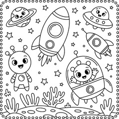 Cute alien spaceship rocket planet coloring page