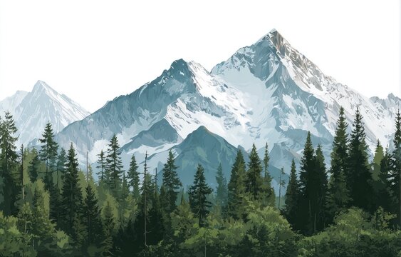Majestic mountain peak with snow-capped summit and dense forest - Powered by Adobe