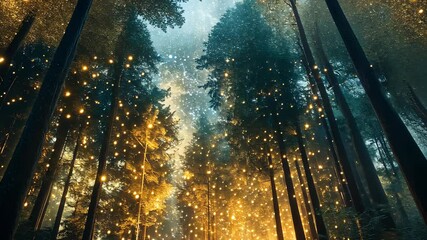 Enchanting forest path illuminated by glowing orbs, creating a magical, ethereal atmosphere at night - Powered by Adobe