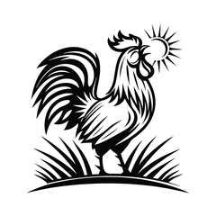 Rooster Crowing with Sunrise Silhouette, Black and White Vector, Farm Animal Design
