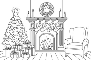 Fototapeta premium Christmas fireplace scene coloring page festive holiday decor
