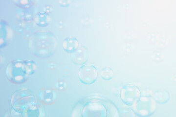 Beautiful Shiny Soap Bubbles Floating in The Air. Celebration Festive Backdrop. Freshness Soap Suds Bubbles Water. Blue and White Gradient Textured. Abstract Blurred Background.	
