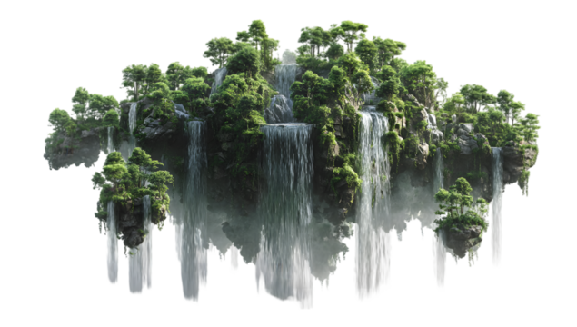 Floating island landscape with waterfalls and trees