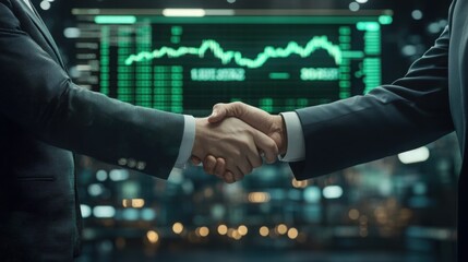 Two businessmen seal a financial deal with a handshake against a vibrant stock market background