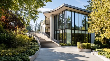 Obraz premium Architectural Marvel, Modern Home with Lush Greenery and Glass Facade