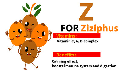 Cute mascout of fruit names,vitamin content, and their benefits for the body,
 suitable for children's education.
