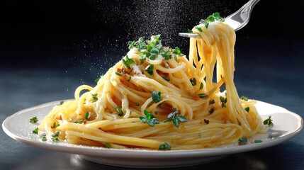 A Culinary Delight: Plate of Pasta Adorned with Herbs and Spices