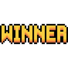 Pixel art game text set: winner, level up, game over. 8-bit retro style icons. Video game message