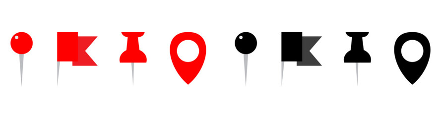 Set of maps with pin. Icons with folded city map and red direction pointer. GPS navigation, route movement and location search. Realistic 3D vector illustration 