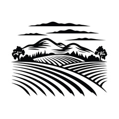 Monochromatic Field Pattern Landscape, Trees and Mountains, Agriculture, Farming Art © Shipon