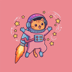 Happy tabby cat in a helmet reaching for a star.