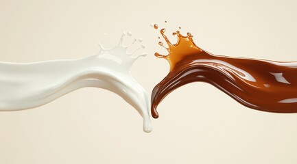 Two creamy liquid streams, one white, one brown, collide and splash against a neutral backdrop in a dynamic, visually appealing composition