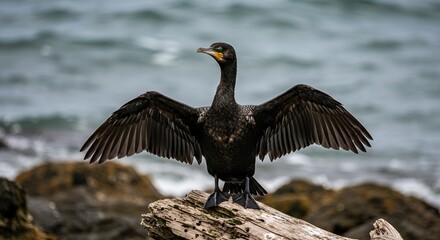 Cormorant Drying Wings on Coastal Log
