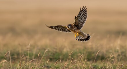 Kestrel in Flight over Golden Meadow at Sunset