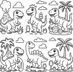 Fototapeta premium Adorable cartoon dinosaurs coloring page set prehistoric animals