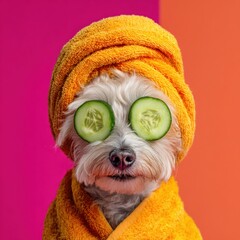 Cute dog relaxing with cucumber slices on its eyes and an orange towel