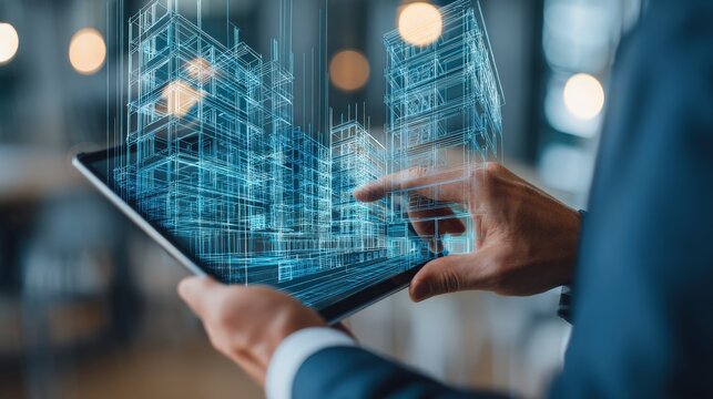 A person interacts with a digital architectural model displayed on a tablet, showcasing futuristic building designs in augmented reality.