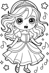 Adorable anime princess coloring page cute girl dress crown music notes stars