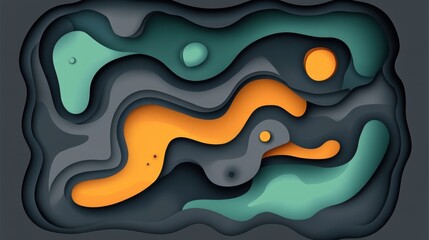 Abstract layered paper-cut design with teal, orange, and grey shapes forming a fluid, organic composition on a dark background