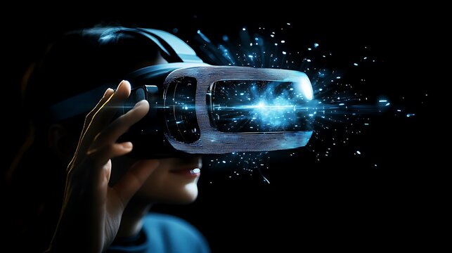 Young woman explores immersive virtual reality digital world with headset for futuristic interaction and cutting edge technology entertainment experience concept.