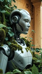 Soft gray robot fragments partly engulfed by dark moss green plants with warm cream temple walls wallpaper background vertical design concept