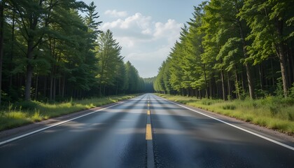 Fototapeta premium Empty Asphalt Road with Green Forest Landscape Scenic Nature Background Design
