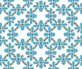 Blue, green black elements in the form of stylized leaves. Seamless pattern of elements, reminiscent of Old Russian painting.