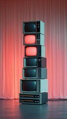 Stack of vintage monitors casting warm coral pink static over charcoal black with soft light bloom wallpaper background vertical design concept